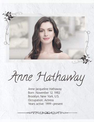 Biography 模板。Anne Hathaway Biography (由 Visual Paradigm Online 的Biography软件制作)