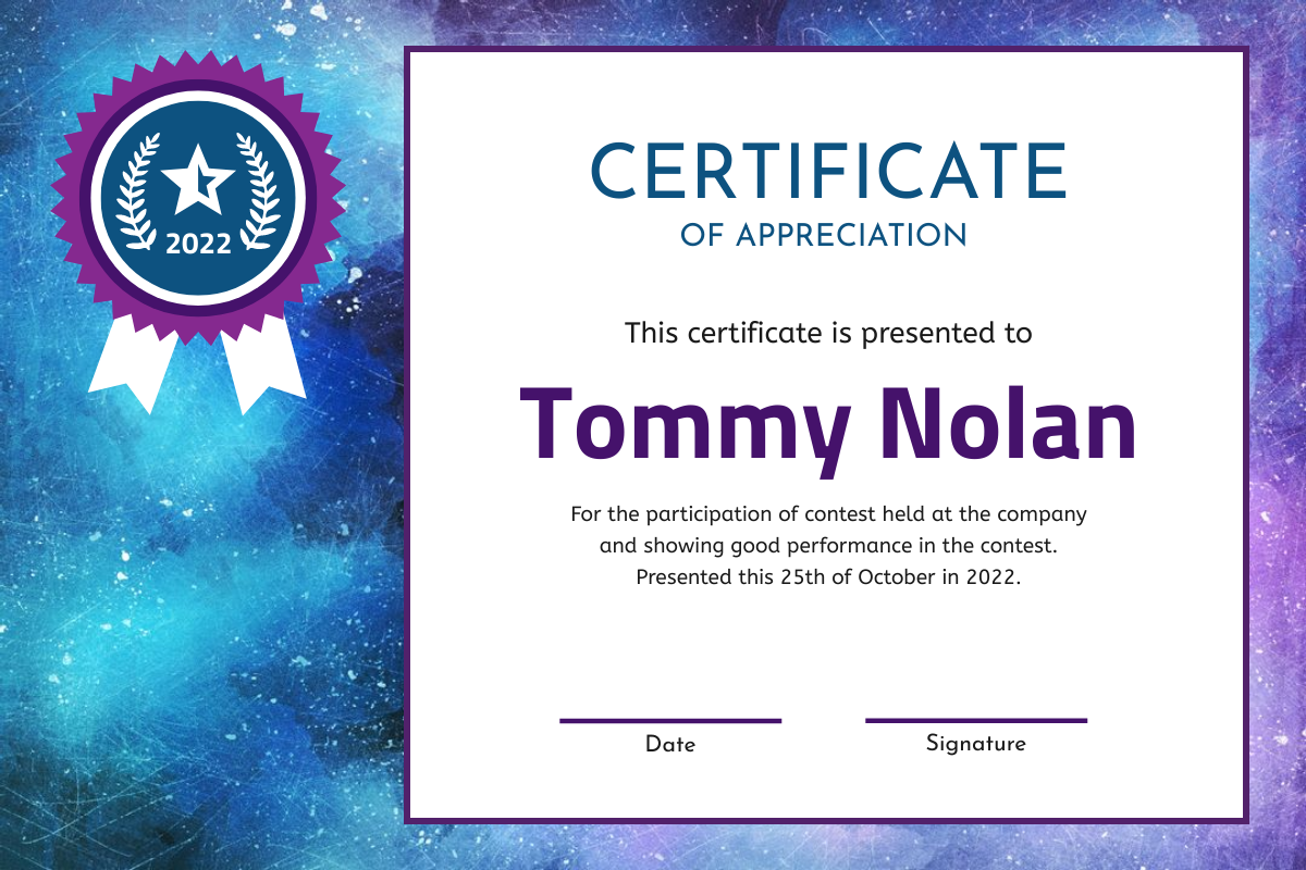 Certificate template: Purple Fancy Galaxy Certificate (Created by Visual Paradigm Online's Certificate maker)