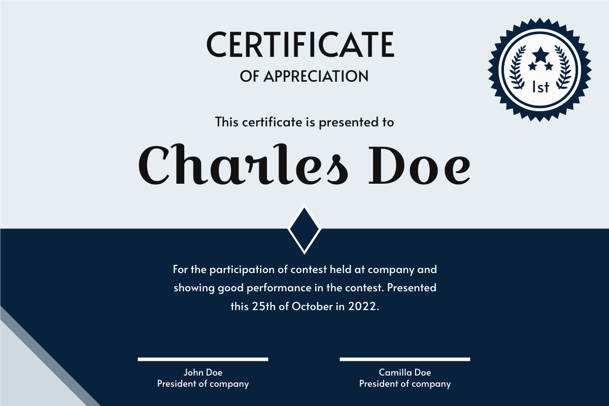 Certificate template: Simple Navy Color Certificate (Created by Visual Paradigm Online's Certificate maker)