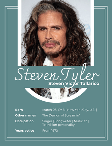 Biography template: Steven Tyler Biography (Created by Visual Paradigm Online's Biography maker)