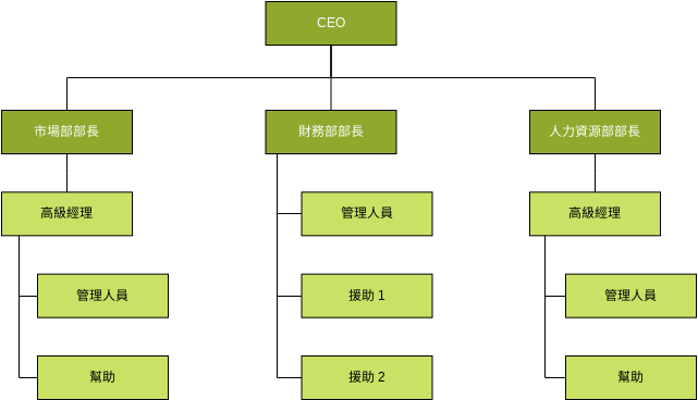 組織結構圖 模板。 公司組織結構圖有3個部門 (由 Visual Paradigm Online 的組織結構圖軟件製作)