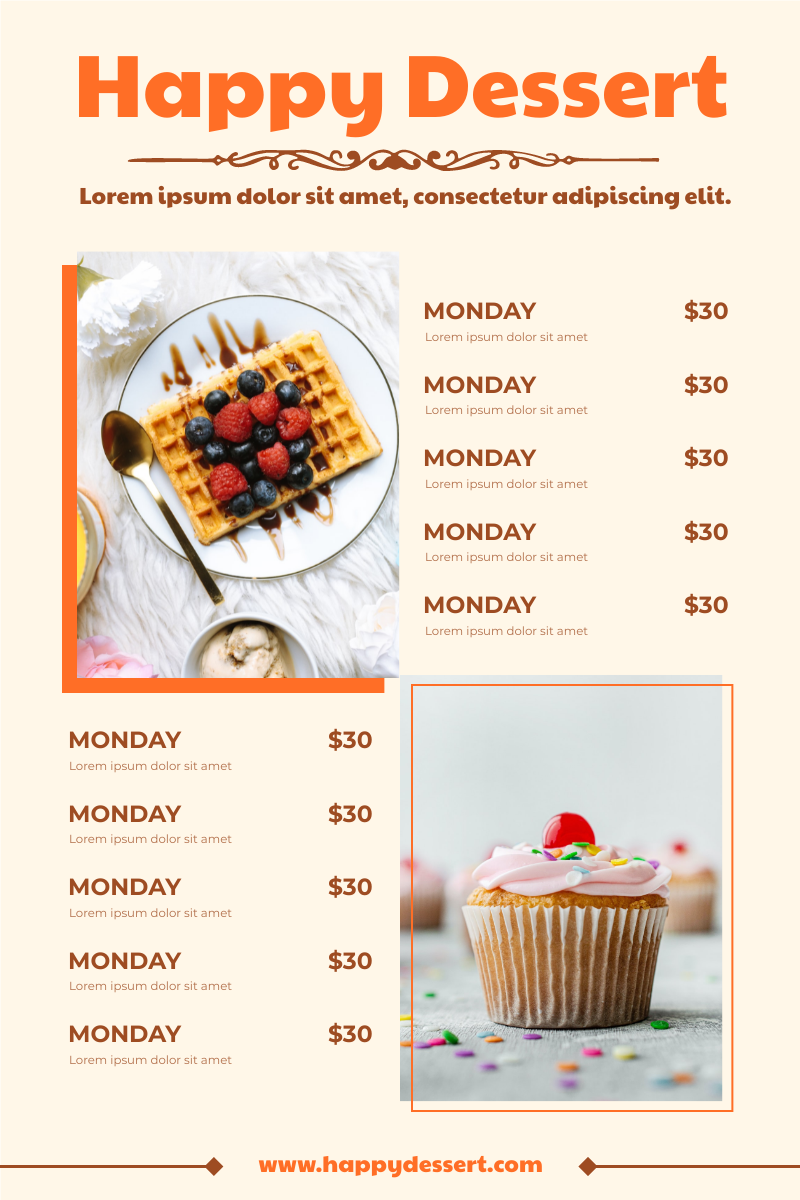 Menu template: Orange Dessert Menu With 2 Parts (Created by Visual Paradigm Online's Menu maker)