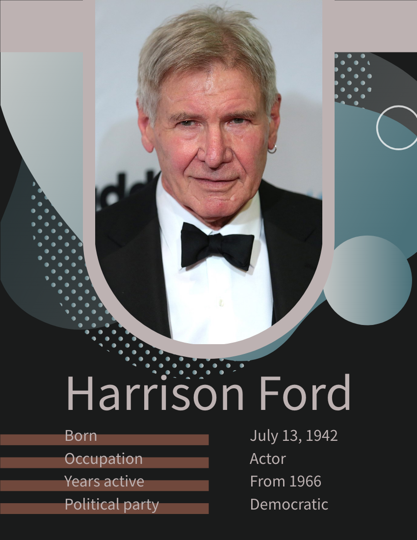 Biography template: Harrison Ford Biography (Created by Visual Paradigm Online's Biography maker)