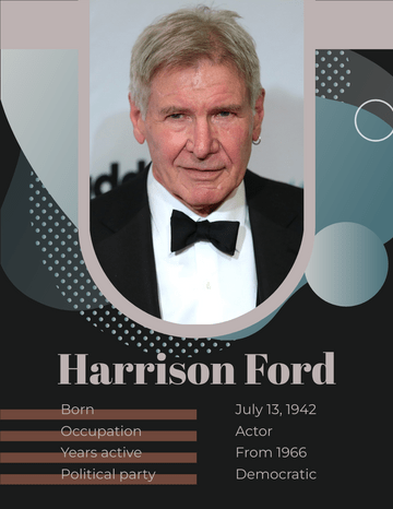Biography 模板。 Harrison Ford Biography (由 Visual Paradigm Online 的Biography軟件製作)