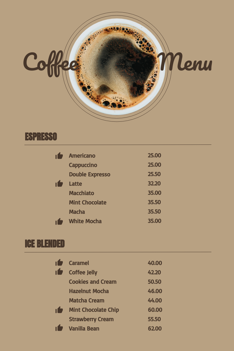 Menu template: Coffee Menu 2 (Created by InfoART's Menu maker)