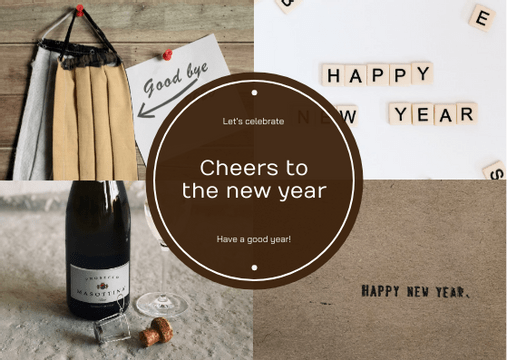 Editable postcards template:Brown New Year Four Photo Grids Postcard