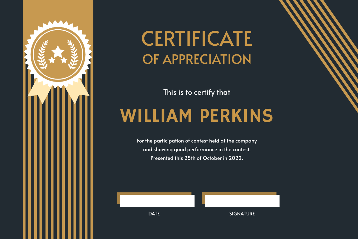 Certificate template: Blue And Gold Badge Appreciation Certificate (Created by Visual Paradigm Online's Certificate maker)