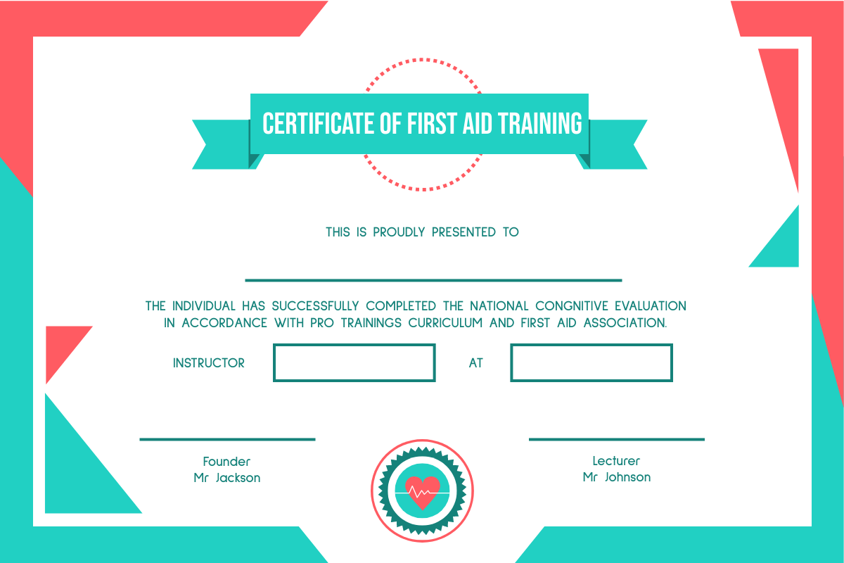Certificate template: First Aid Training Certificate (Created by InfoART's Certificate maker)