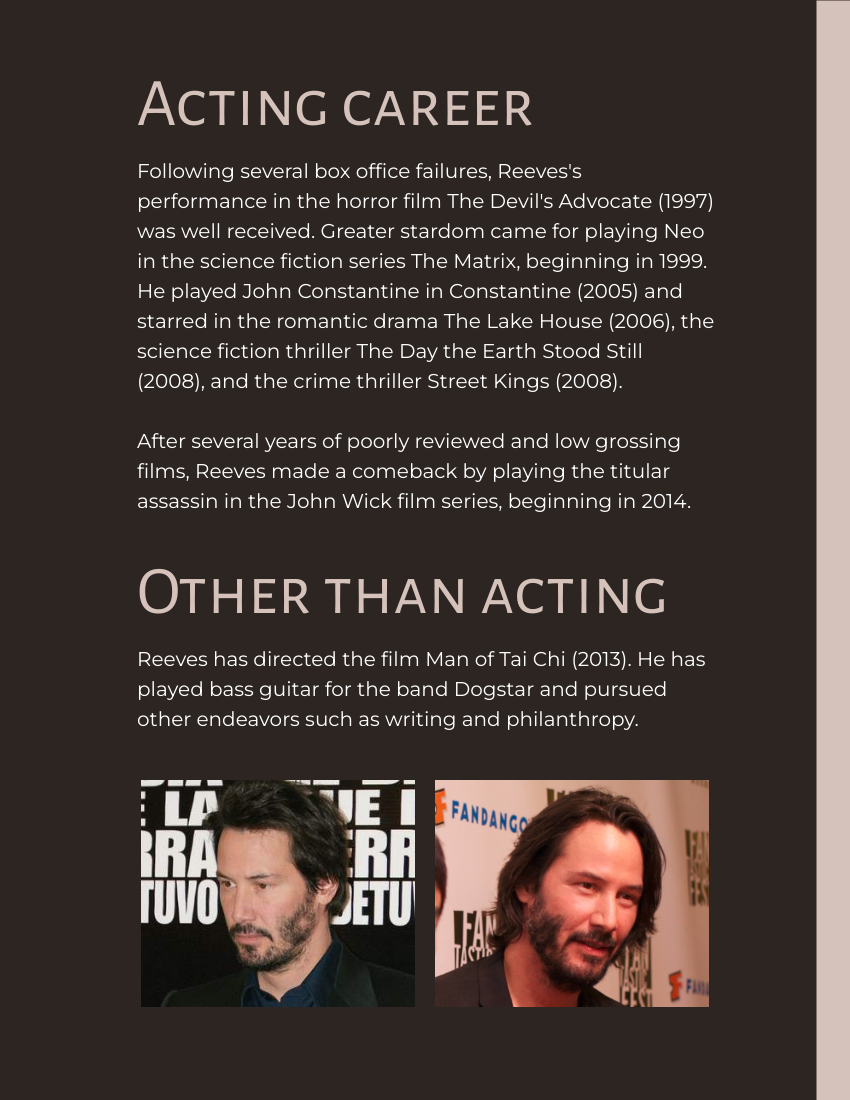 Biography template: Keanu Reeves Biography (Created by Visual Paradigm Online's Biography maker)