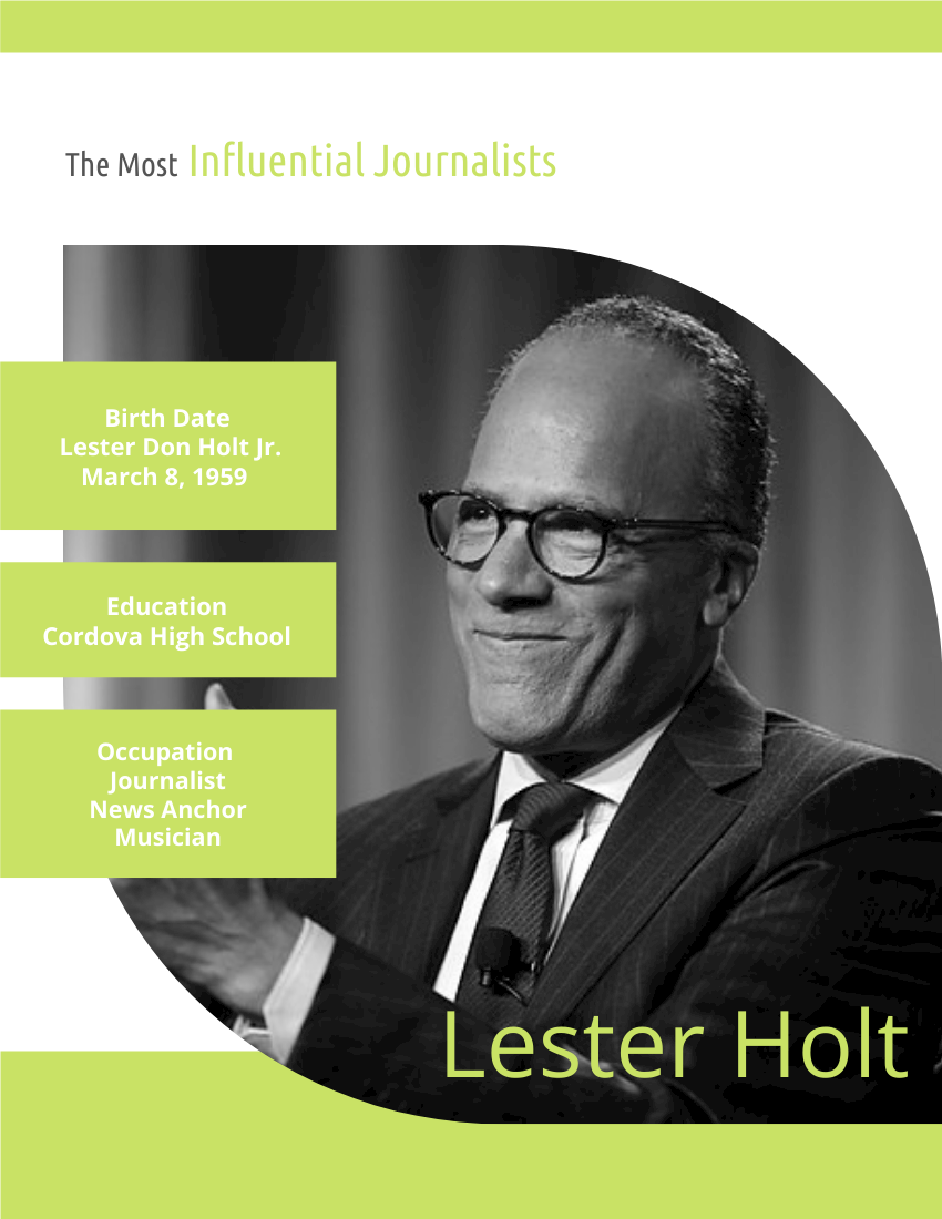 Biography template: Lester Holt Biography (Created by Visual Paradigm Online's Biography maker)