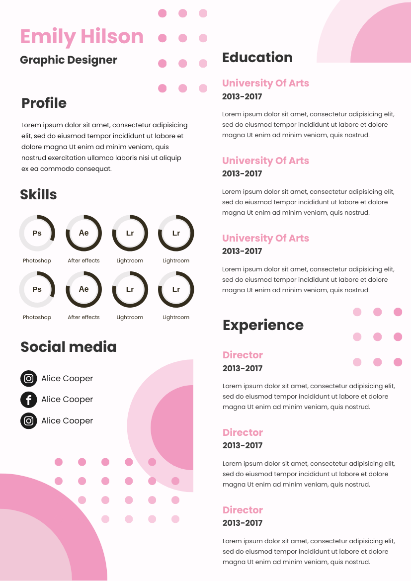 Resume template: Pink Dots Resume (Created by Visual Paradigm Online's Resume maker)
