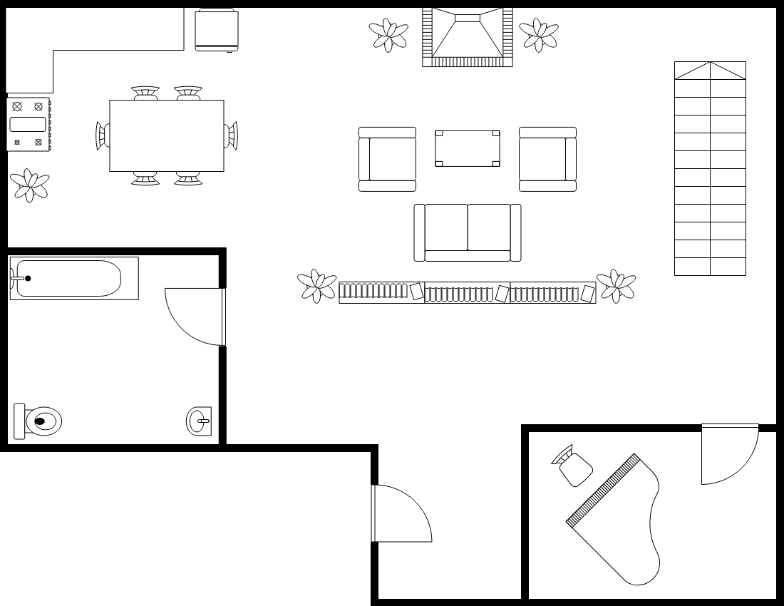 平面图 模板。房子底层平面图 (由 Visual Paradigm Online 的平面图软件制作)