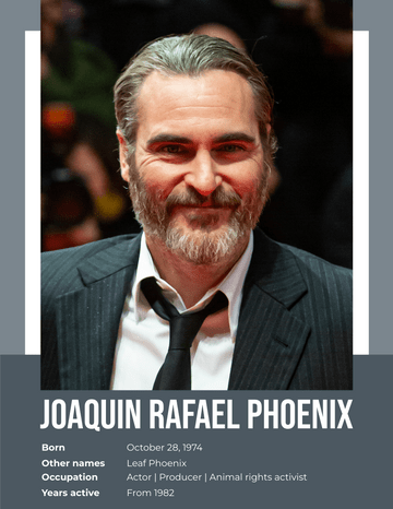 Biography 模板。 Joaquin Rafael Phoenix Biography (由 Visual Paradigm Online 的Biography軟件製作)