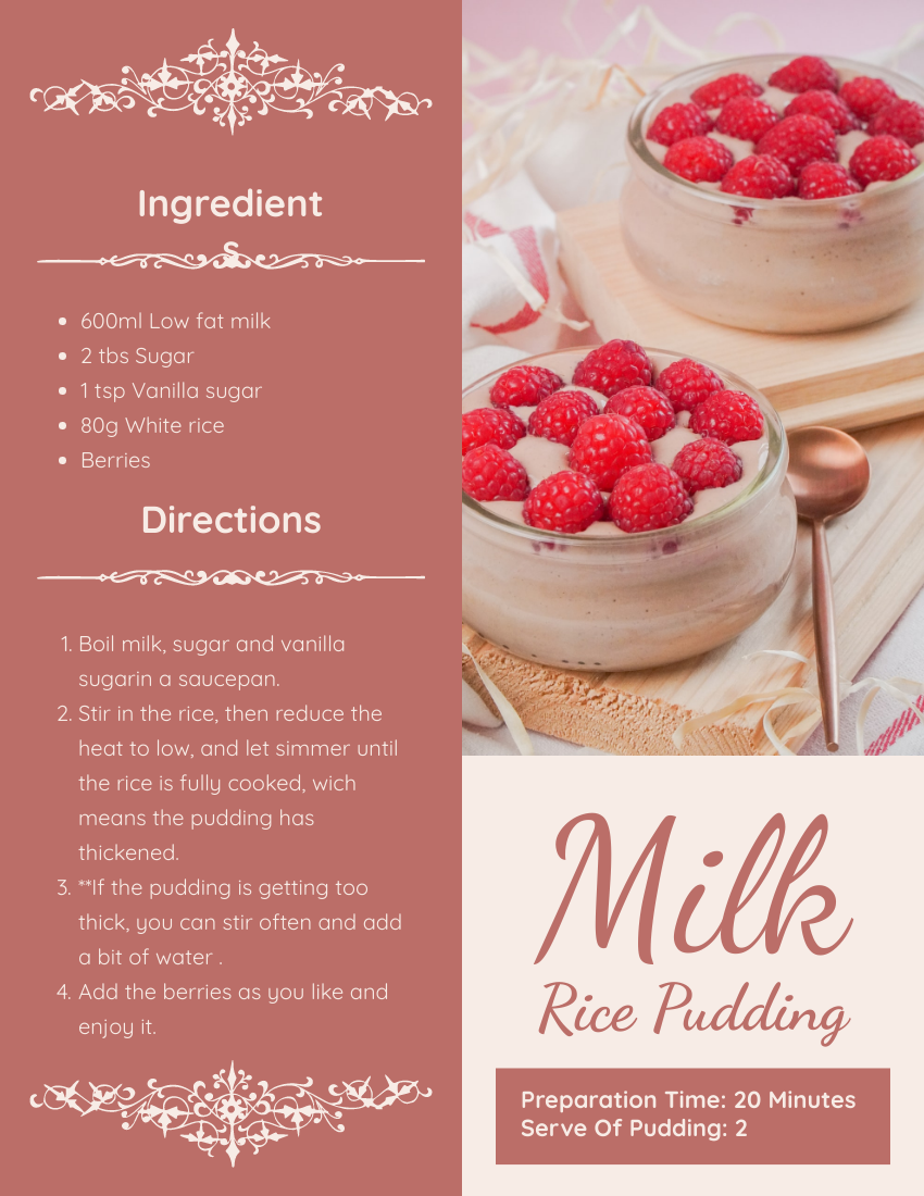 Recipe Card template: Milk Rice Pudding Recipe Card (Created by Visual Paradigm Online's Recipe Card maker)