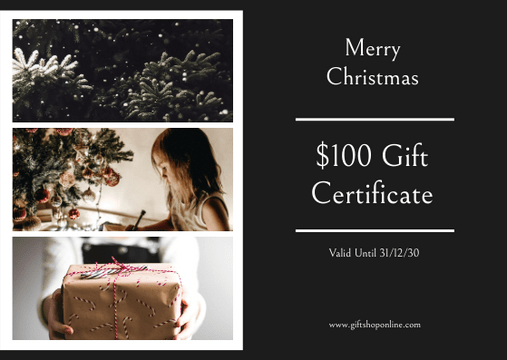 Editable giftcards template:Black Christmas Photos 100 Dollar Gift Card