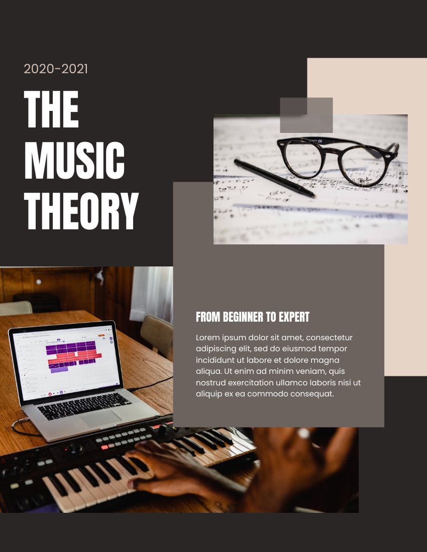 小冊子 模板。 The Music Theory Booklet (由 Visual Paradigm Online 的小冊子軟件製作)