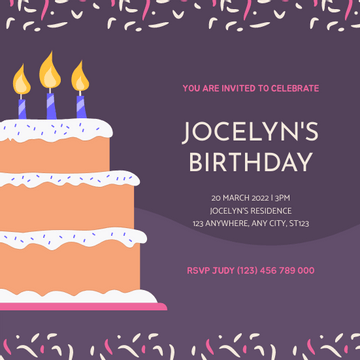 Purple And Pink Birthday Cake Illustration Party Invitation