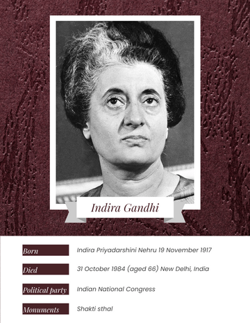 Biography 模板。Indira Gandhi Biography (由 Visual Paradigm Online 的Biography软件制作)