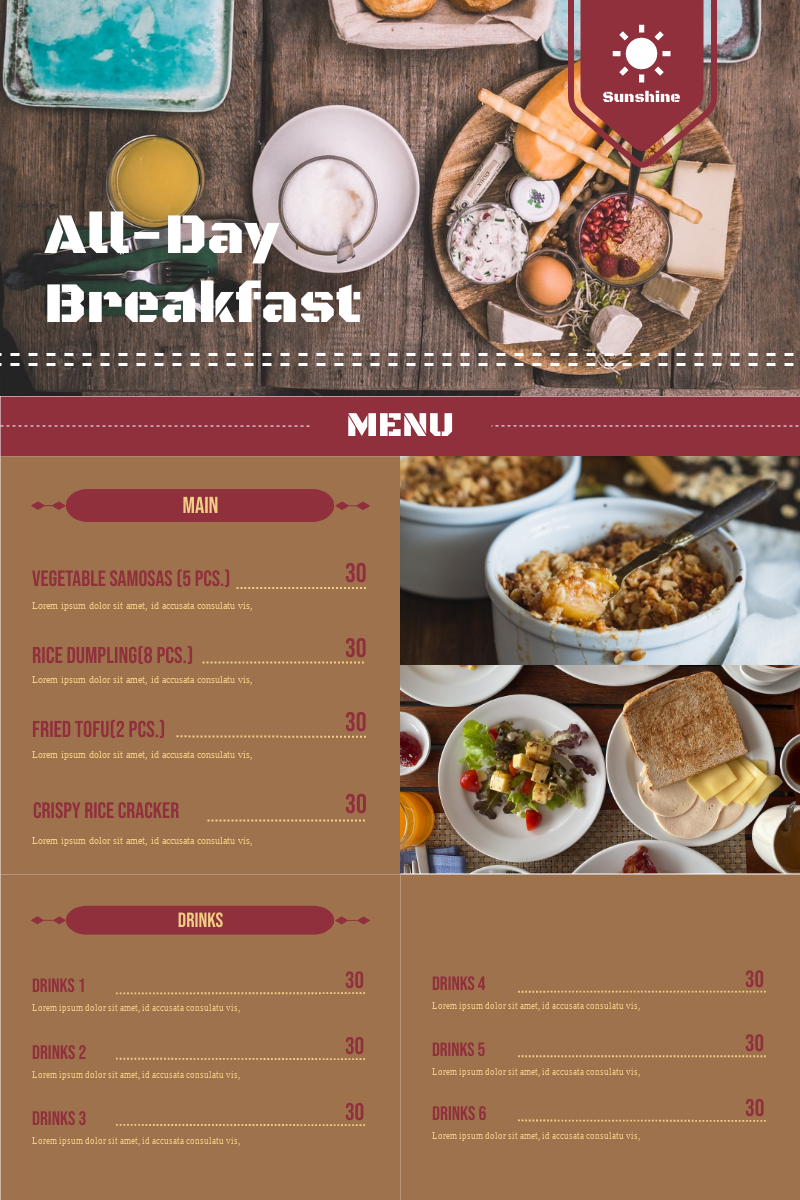 Menu template: Vintage All-Day Breakfast Menu In Brown And Red (Created by InfoART's Menu maker)