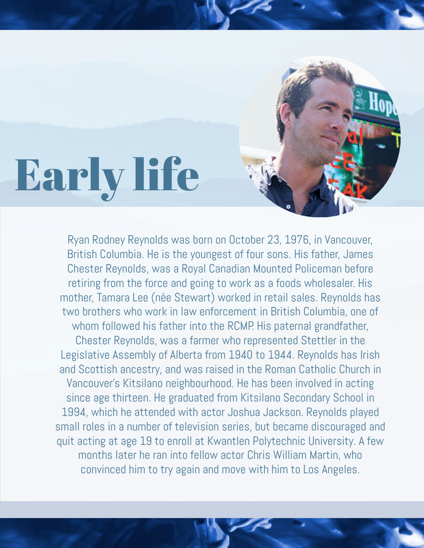 Biography template: Ryan Reynolds Biography (Created by Visual Paradigm Online's Biography maker)