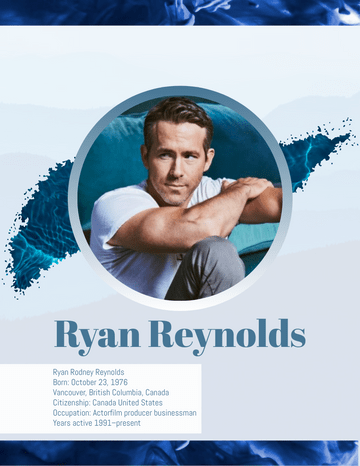 Biography 模板。 Ryan Reynolds Biography (由 Visual Paradigm Online 的Biography軟件製作)