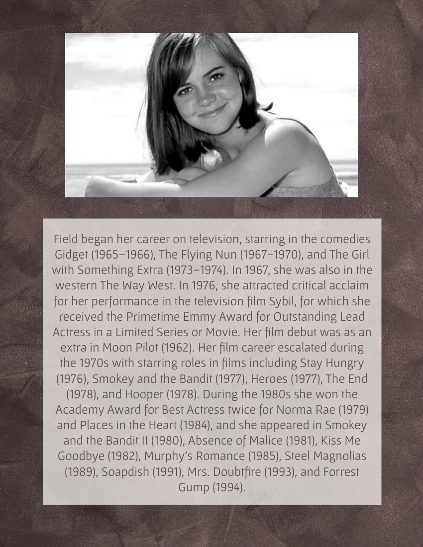 Biography template: Sally Field Biography (Created by Visual Paradigm Online's Biography maker)