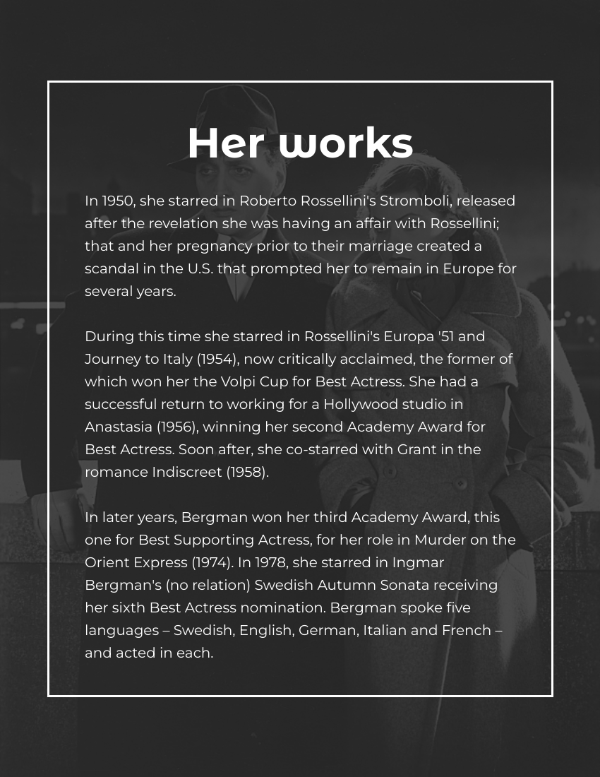 Biography template: Ingrid Bergman Biogarphy (Created by Visual Paradigm Online's Biography maker)