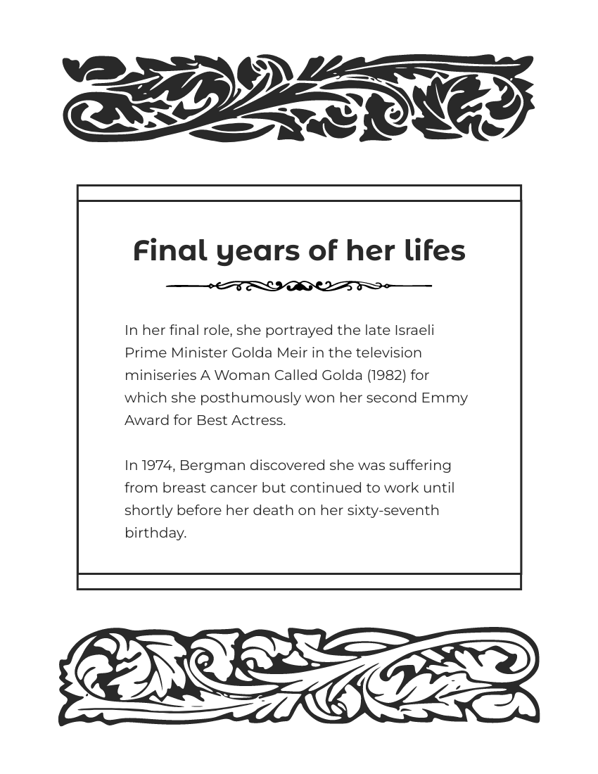 Biography template: Ingrid Bergman Biogarphy (Created by Visual Paradigm Online's Biography maker)