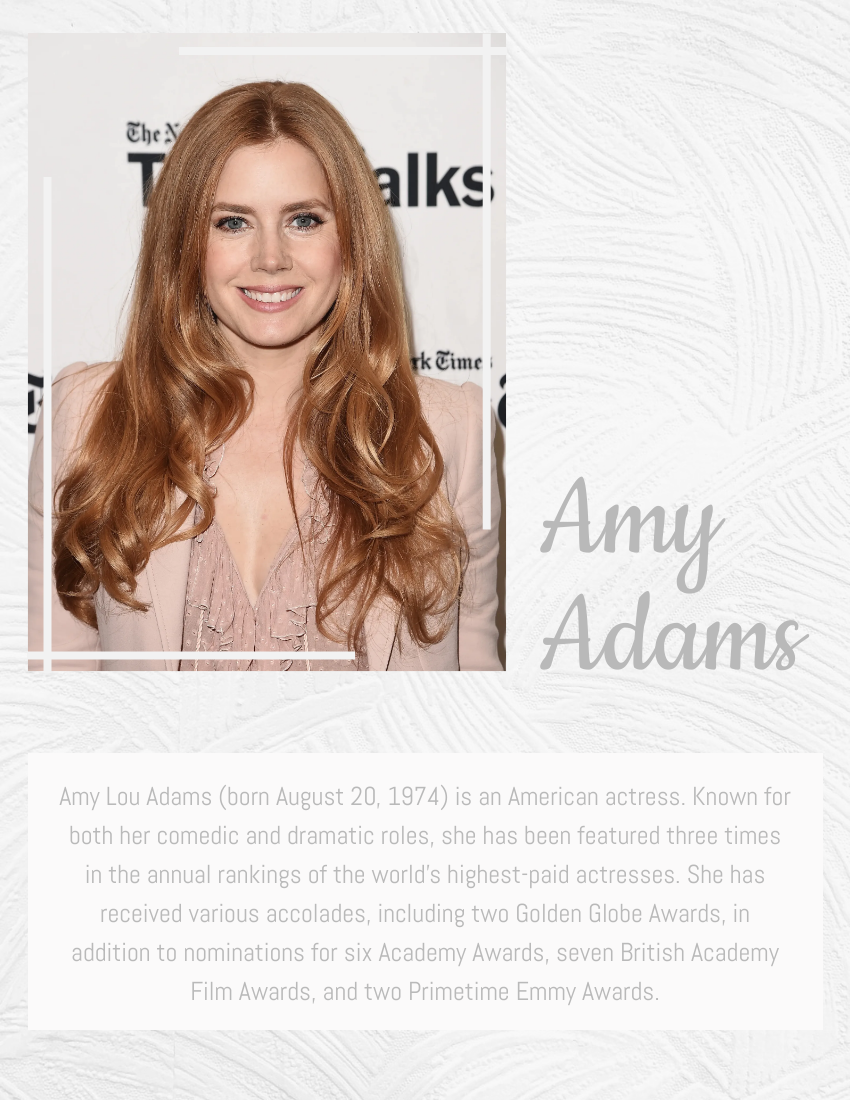 Biography template: Amy Adams Biography (Created by Visual Paradigm Online's Biography maker)