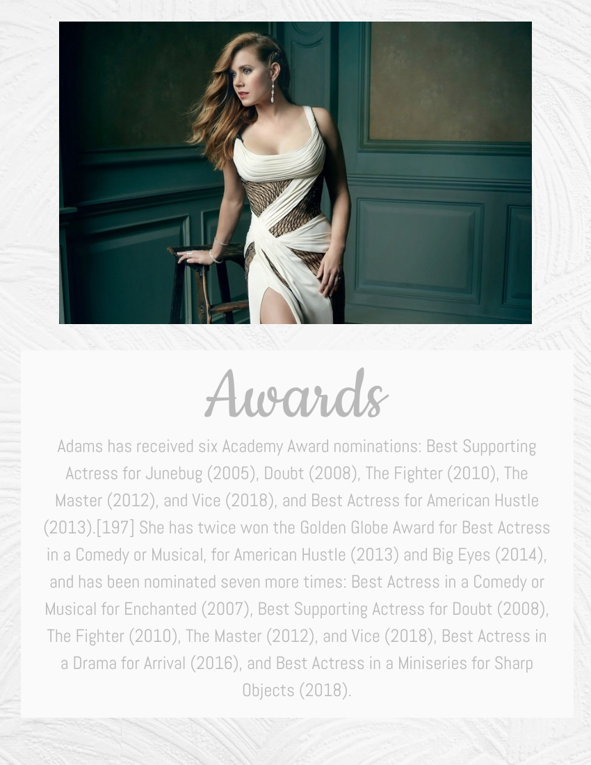 Biography template: Amy Adams Biography (Created by Visual Paradigm Online's Biography maker)