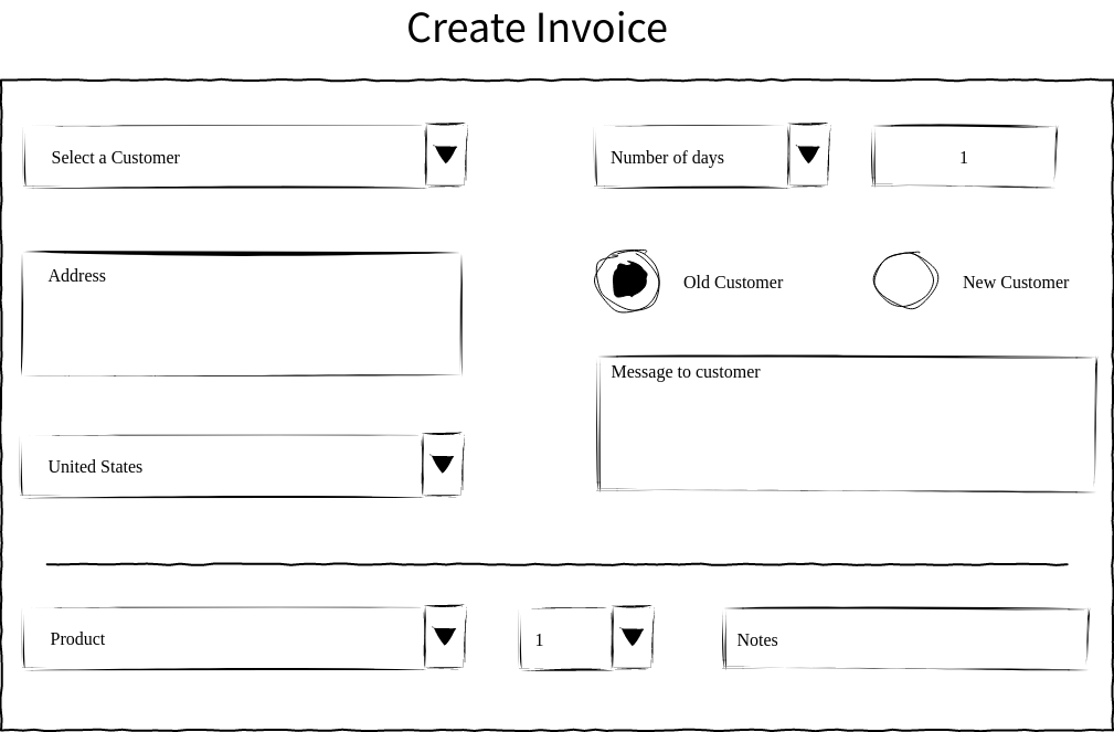 Wired UI Diagram template: Create Invoice Wired UI (Created by Visual Paradigm Online's Wired UI Diagram maker)