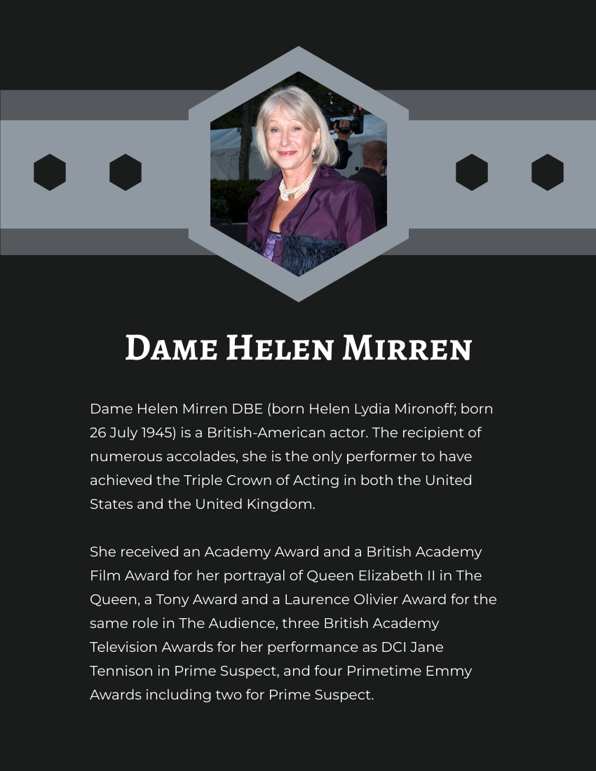 Biography template: Helen Mirren Biography (Created by Visual Paradigm Online's Biography maker)