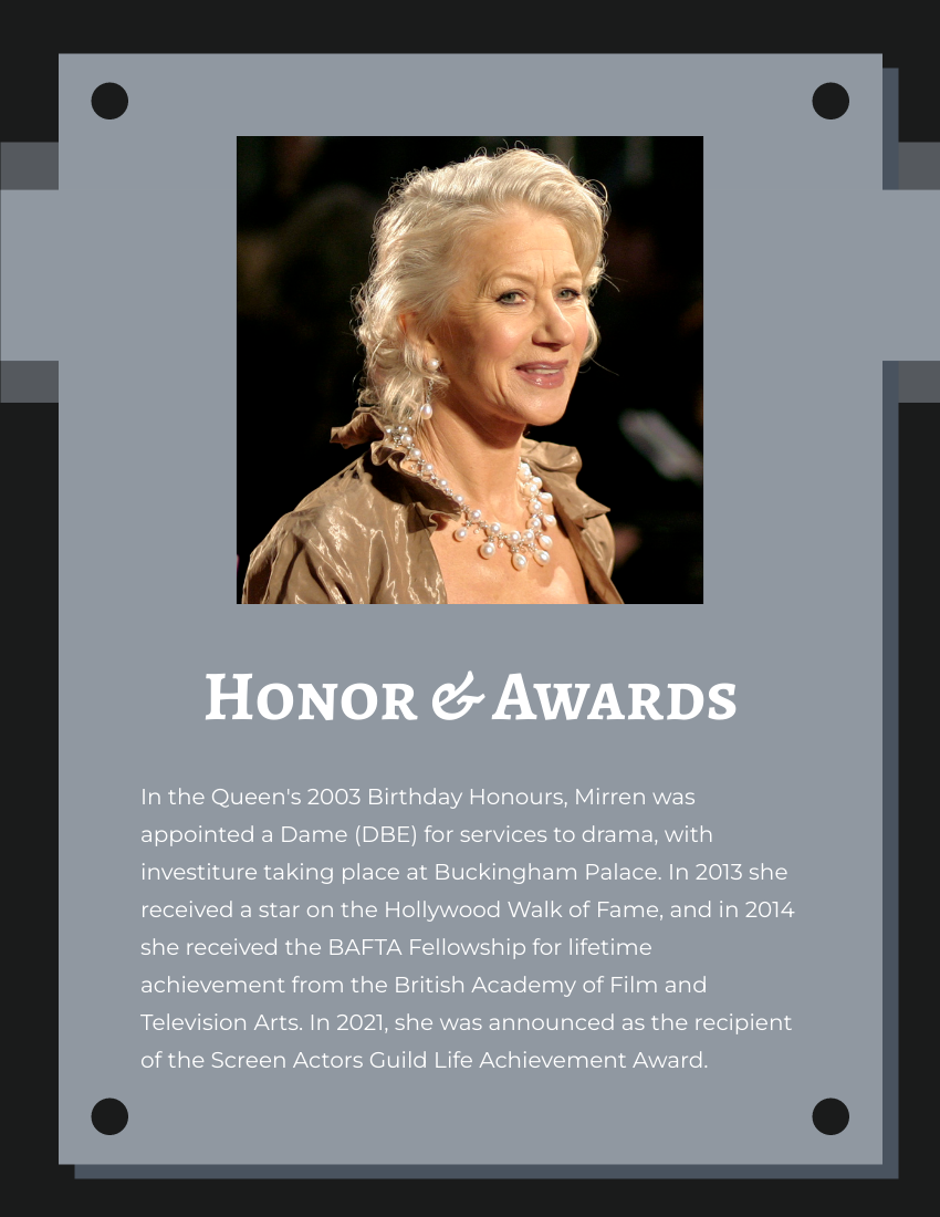 Biography template: Helen Mirren Biography (Created by Visual Paradigm Online's Biography maker)