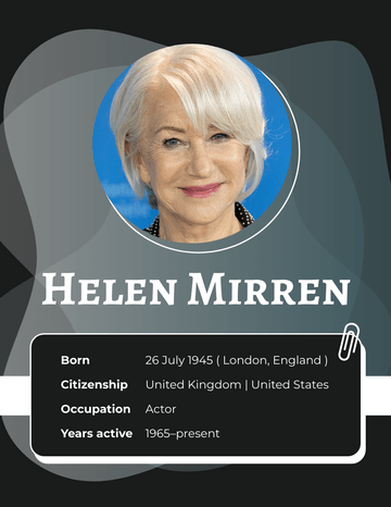 Biography 模板。Helen Mirren Biography (由 Visual Paradigm Online 的Biography软件制作)
