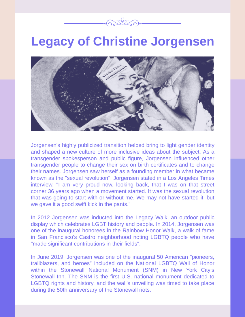 Biography template: Christine Jorgensen Biography (Created by Visual Paradigm Online's Biography maker)