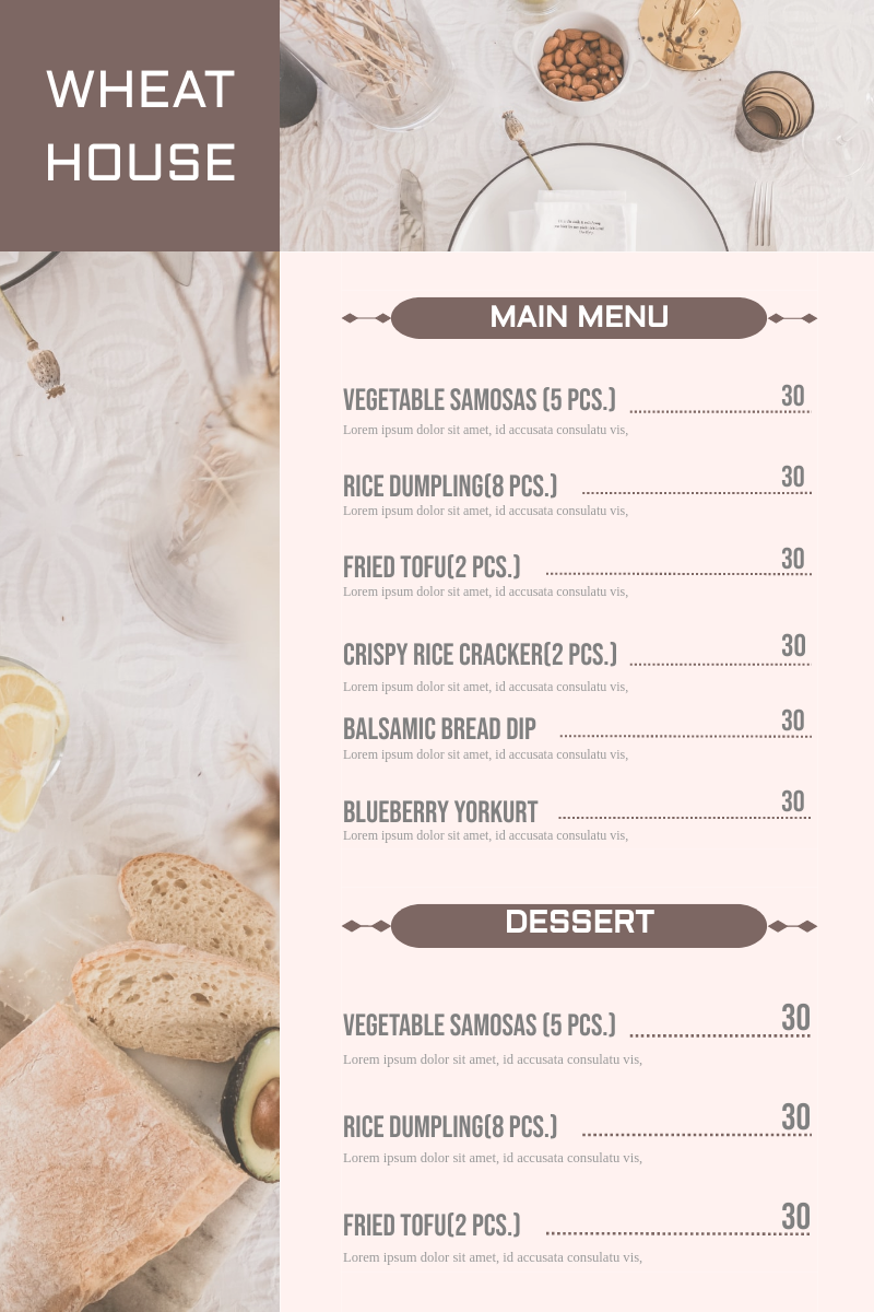 Menu template: Wheat House Bread Menu (Created by Visual Paradigm Online's Menu maker)