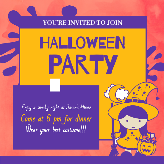 邀請函 模板。 Kids Halloween Party Invitation (由 Visual Paradigm Online 的邀請函軟件製作)