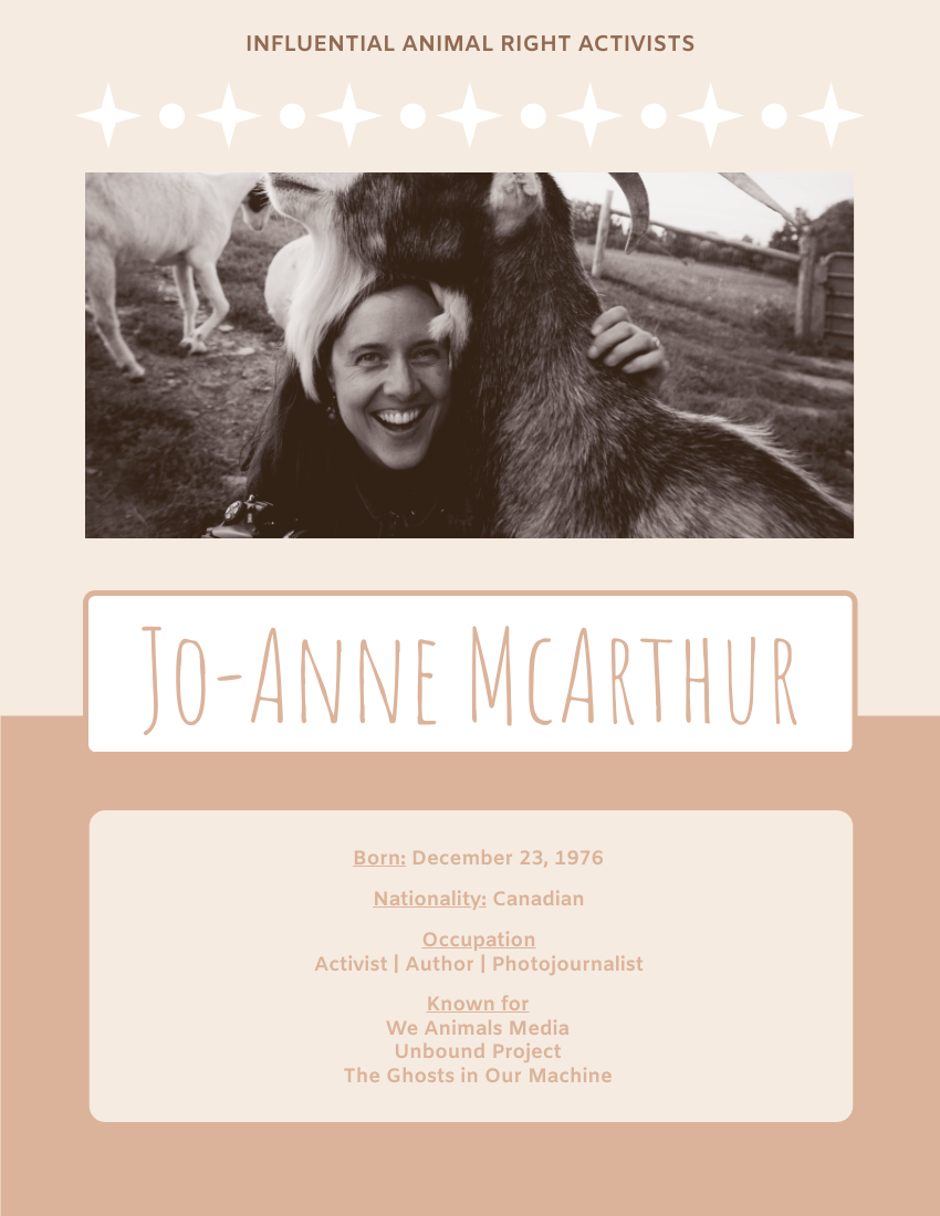 Biography template: Jo-Anne McArthur Biography (Created by Visual Paradigm Online's Biography maker)