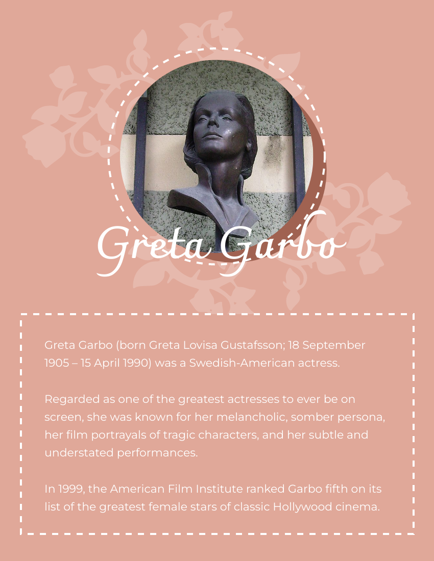 Biography 模板。 Greta Garbo Biography (由 Visual Paradigm Online 的Biography軟件製作)