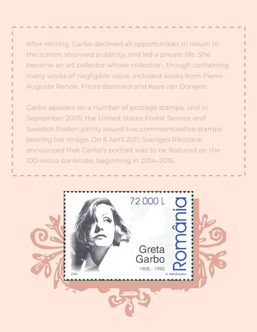 Biography template: Greta Garbo Biography (Created by Visual Paradigm Online's Biography maker)