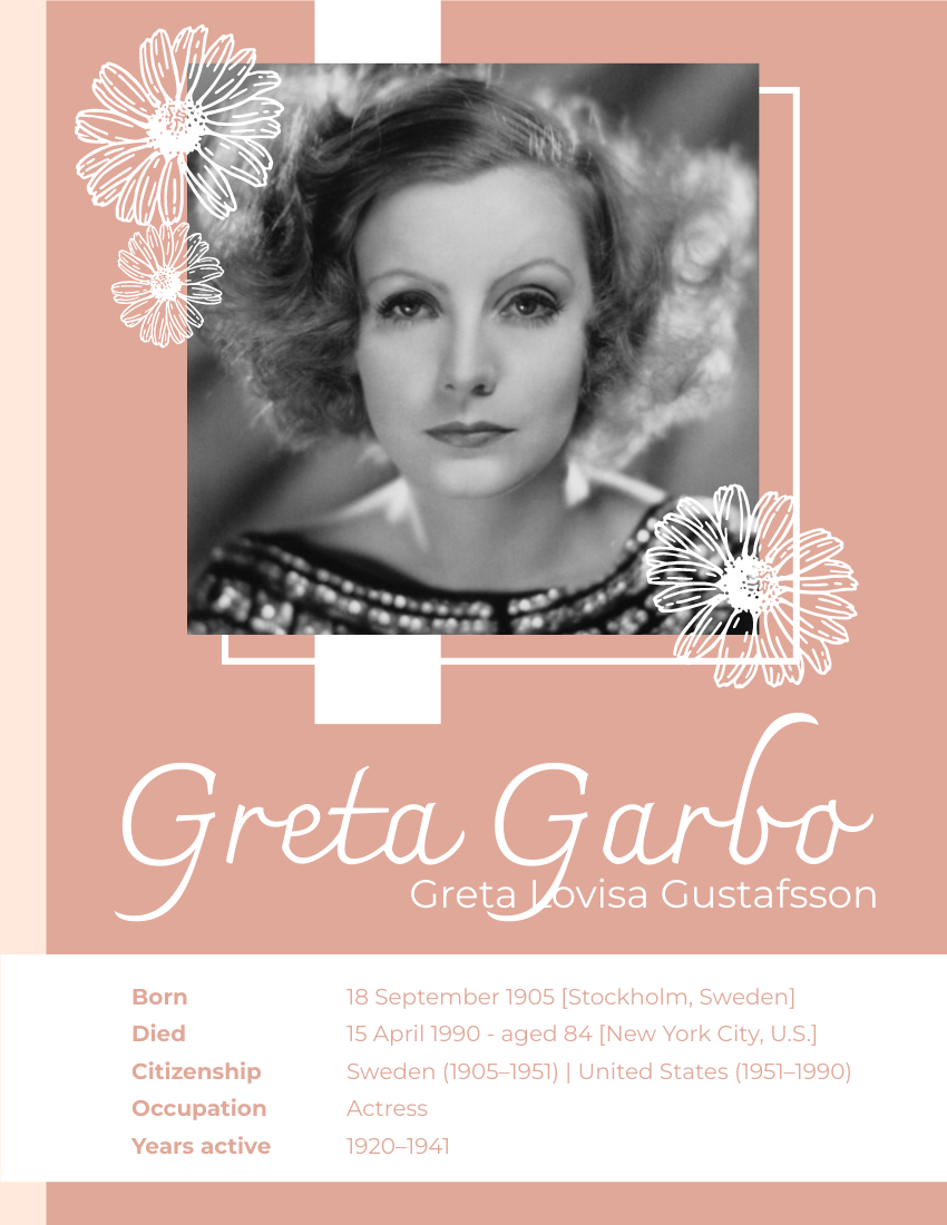 Biography 模板。 Greta Garbo Biography (由 Visual Paradigm Online 的Biography軟件製作)