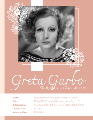 Biography template: Greta Garbo Biography (Created by Visual Paradigm Online's Biography maker)