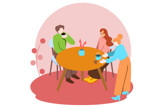 主頁插圖 模板。 Coffee Break In Café Illustration (由 Visual Paradigm Online 的主頁插圖軟件製作)