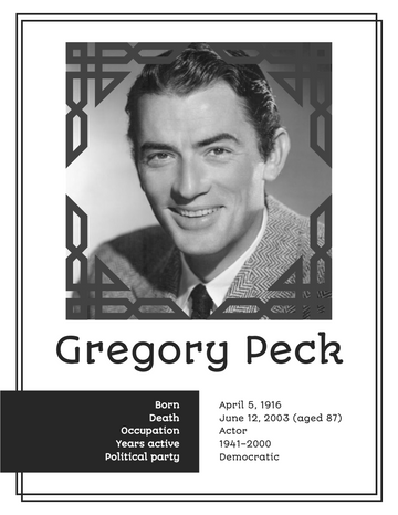 Biography 模板。Gregory Peck Biography (由 Visual Paradigm Online 的Biography软件制作)