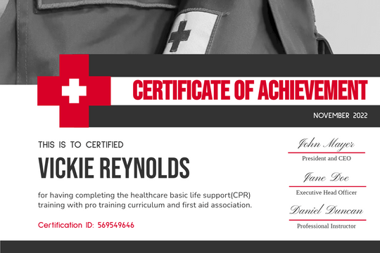 Certificate template: Black And Red First Aid Certificate (Created by Visual Paradigm Online's Certificate maker)