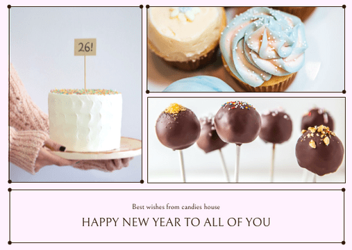 Postcard template: Pink Cakes Photos New Year Postcard (Created by Visual Paradigm Online's Postcard maker)