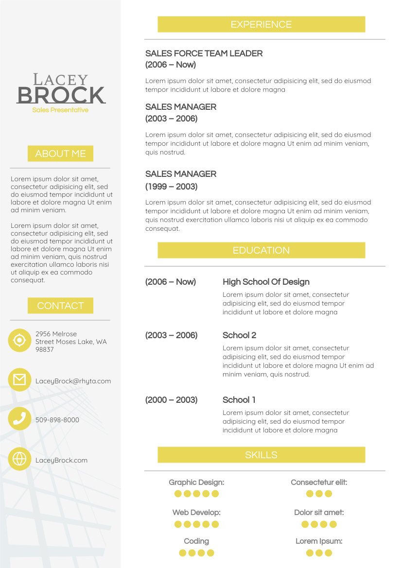 Resume template: Yellow 2 columns Resume (Created by Visual Paradigm Online's Resume maker)