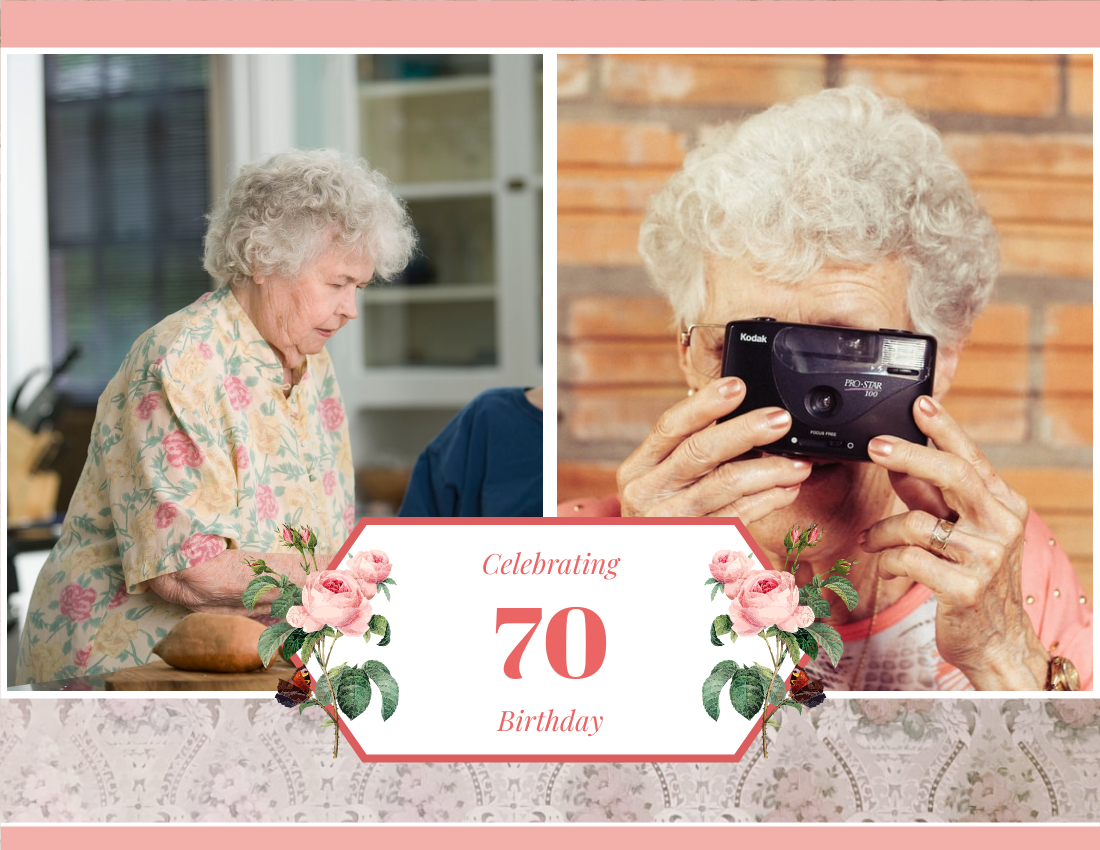 慶祝活動照相簿 模板。 Celebrating 70 Birthday Celebration Photo Book (由 Visual Paradigm Online 的慶祝活動照相簿軟件製作)