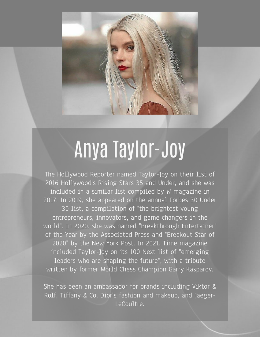 Biography 模板。Anya Taylor-Joy Biography (由 Visual Paradigm Online 的Biography软件制作)