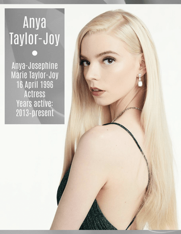 Biography 模板。 Anya Taylor-Joy Biography (由 Visual Paradigm Online 的Biography軟件製作)